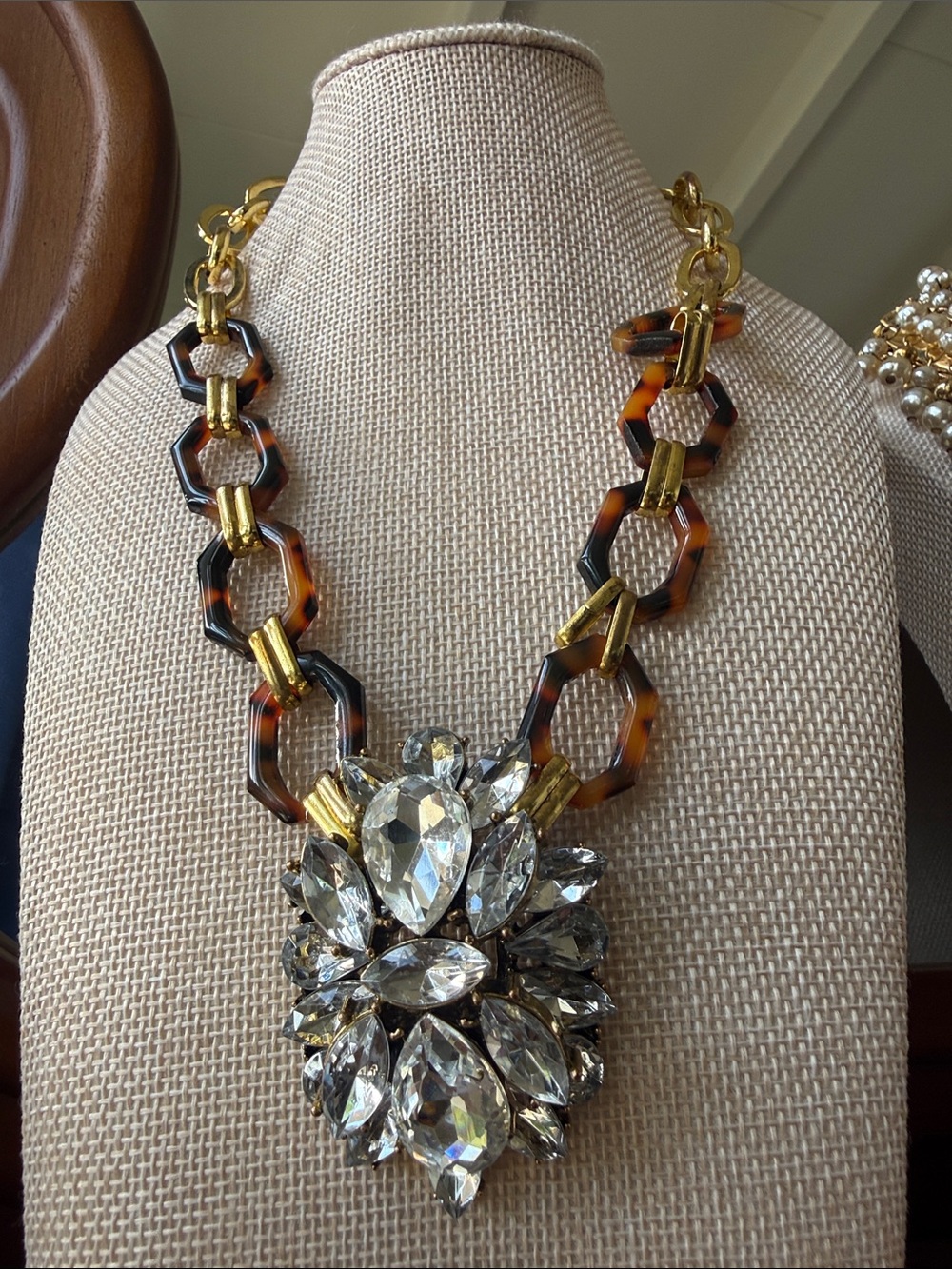 J. Crew Tortoiseshell Link Necklace with Clear Crystal Cluster - unsigned - 20”
